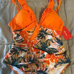 PatPat Orange and Green One Piece Swimsuit Vibrant Tropical Design